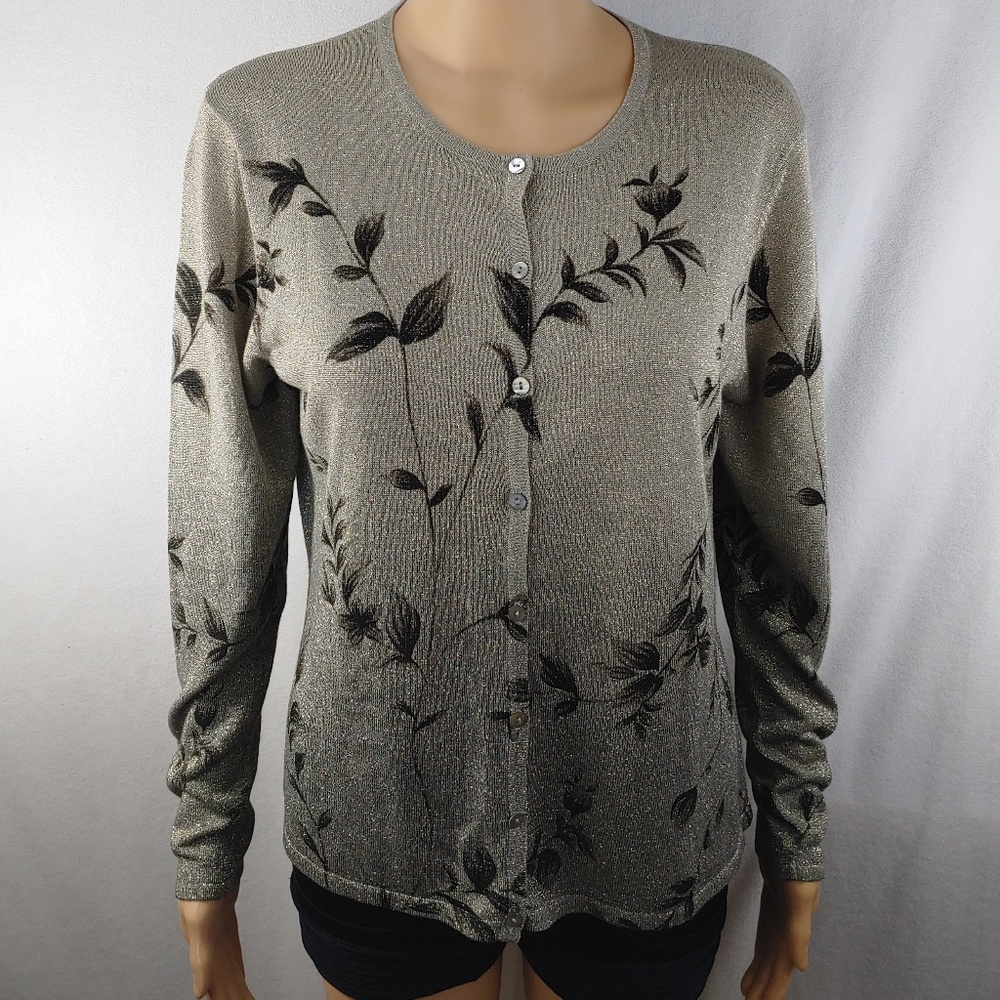 Women's Cardigan Sweater Gray Gold Sz XL Shiny